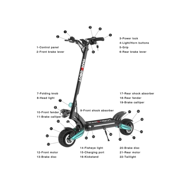 e-scooter con ammortizzatori a molla anteriori e posteriori