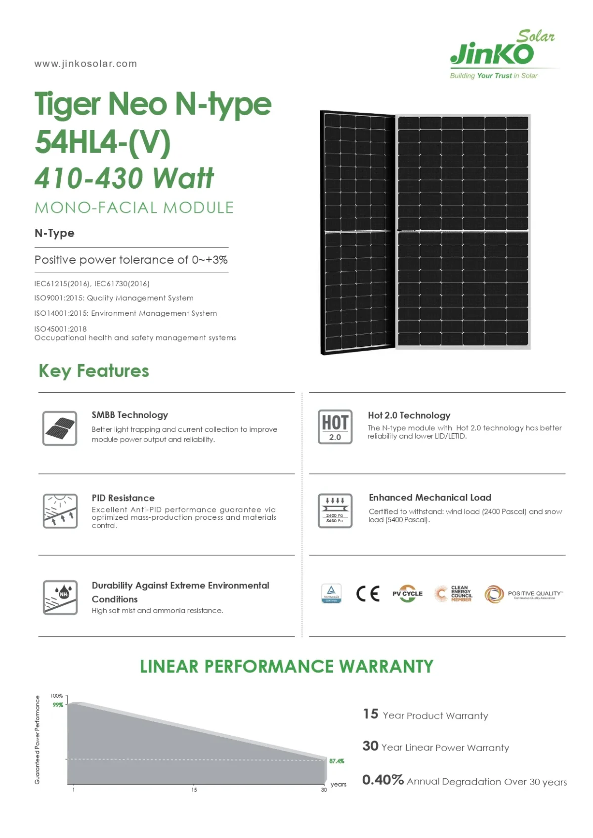 Jinko Solar Pannello Solare 425 Watt JKM425N-54HL4-V N-type Cornice Nera - immagine 3