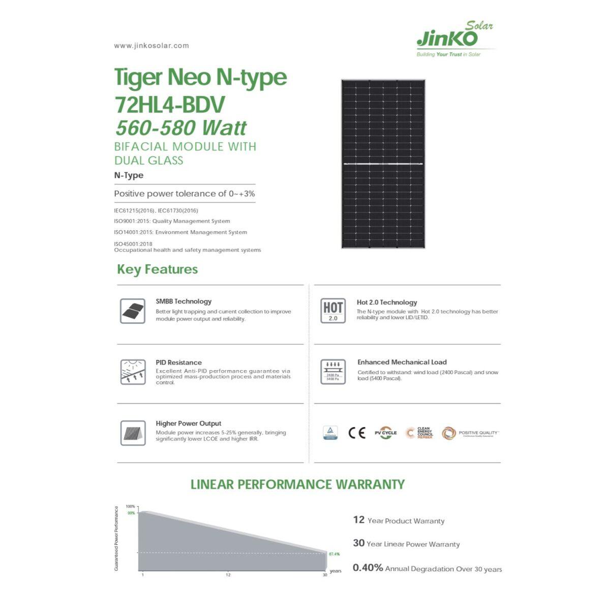 Jinko Pannello Solare 580 Watt NEO N-TYPE 72HL4-BDV Bifacciale con Doppio Vetro - immagine 2